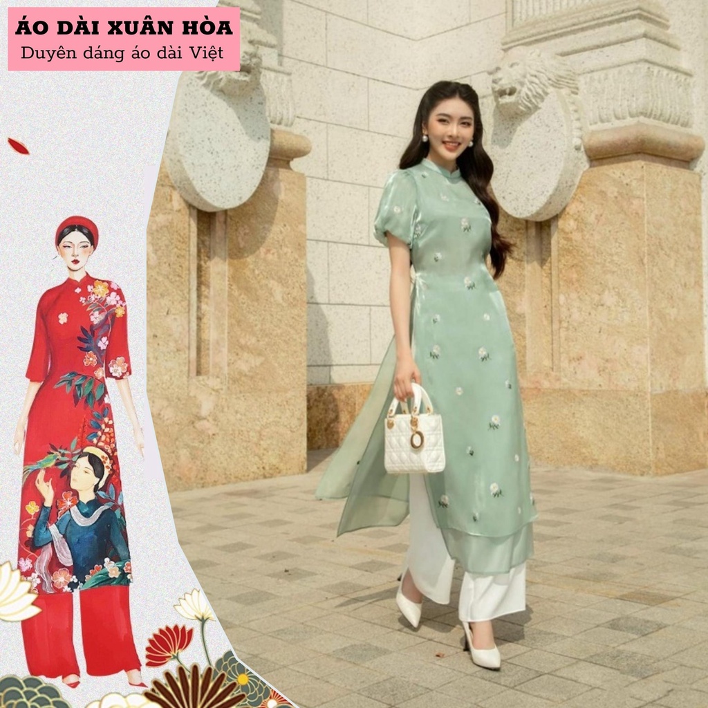 Áo dài nữ, áo dài cách tân nữ chất tơ cao cấp họa tiết hoa nổi hàng thiết kế chuẩn size