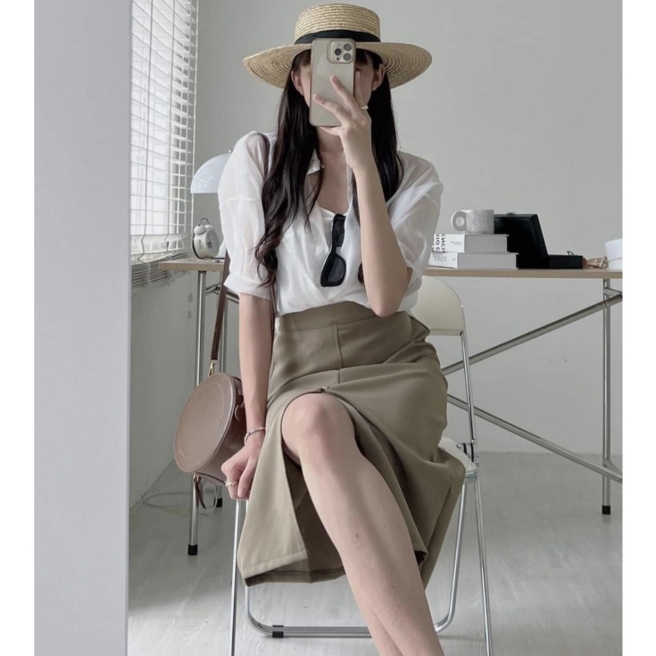 Set 3 Chi Tiết Áo Sơ Mi Voan Tay Lỡ+Áo 2 Dây Thun Tăm+Chân Váy Midi Xẻ Vạt Trước Lưng Chun - Hanju