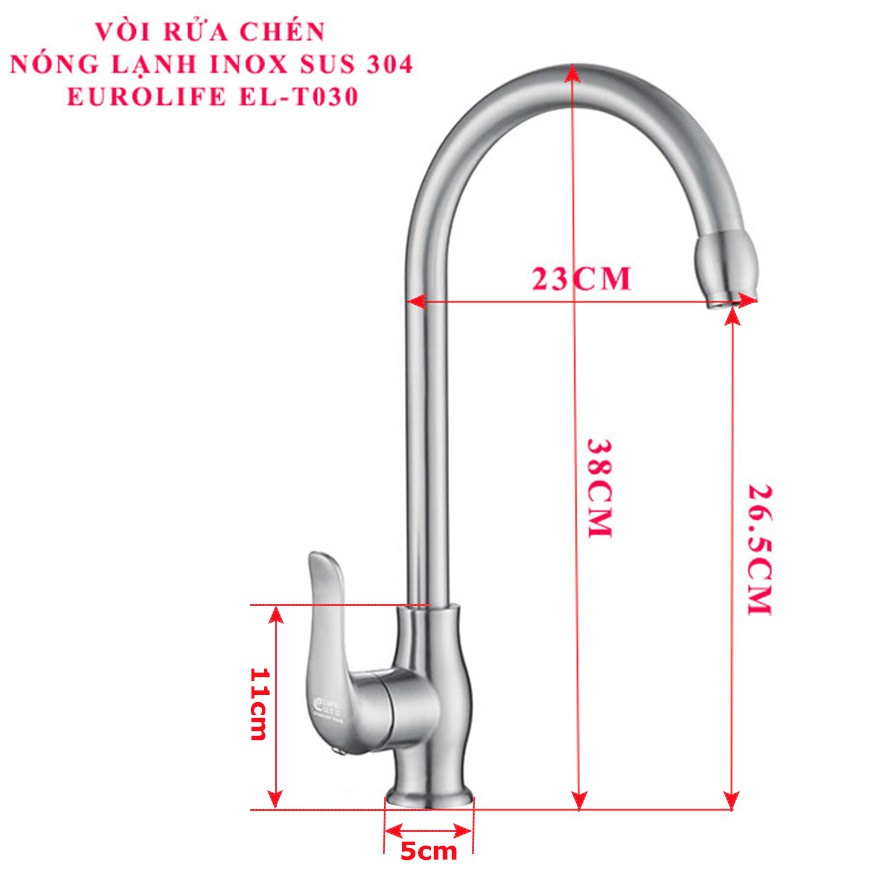 Vòi rửa chén nóng lạnh Inox SUS 304 nguyên khối Eurolife EL-T030 (Trắng vàng)