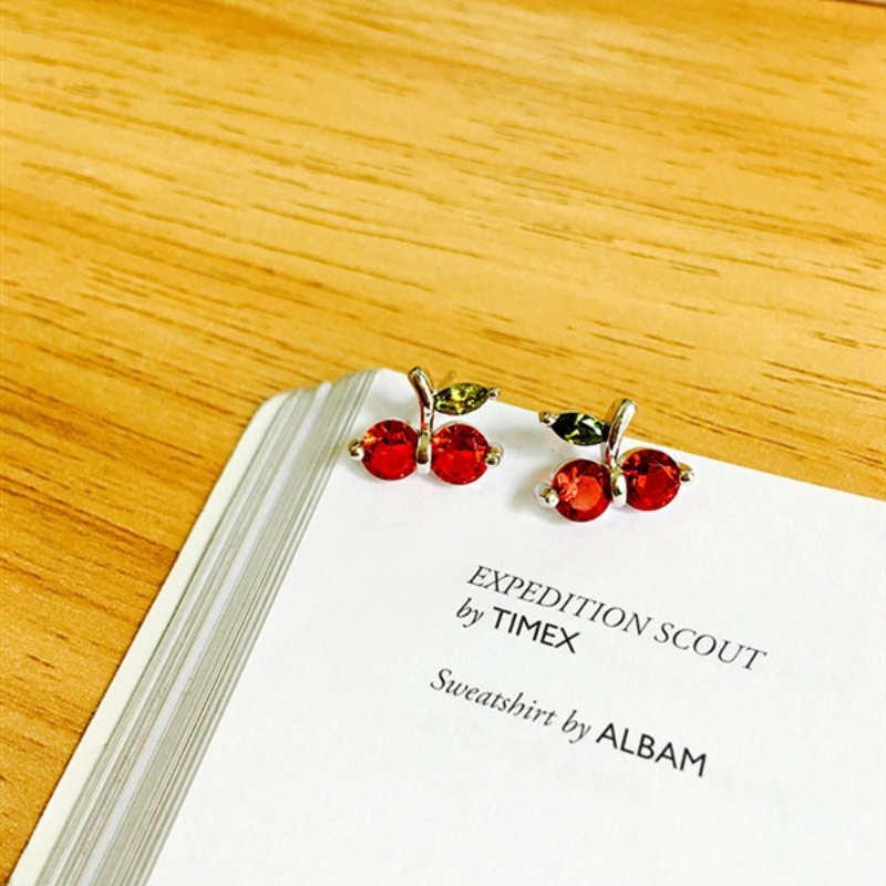 Hoa tai thời trang nữ phong cách Hàn Quốc Hoa tai đính kim cương đỏ anh đào dễ thương