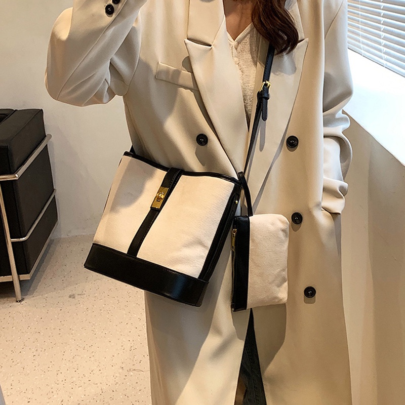 IELGY Women's Casual Colorblock Canvas Messenger Bucket Bag