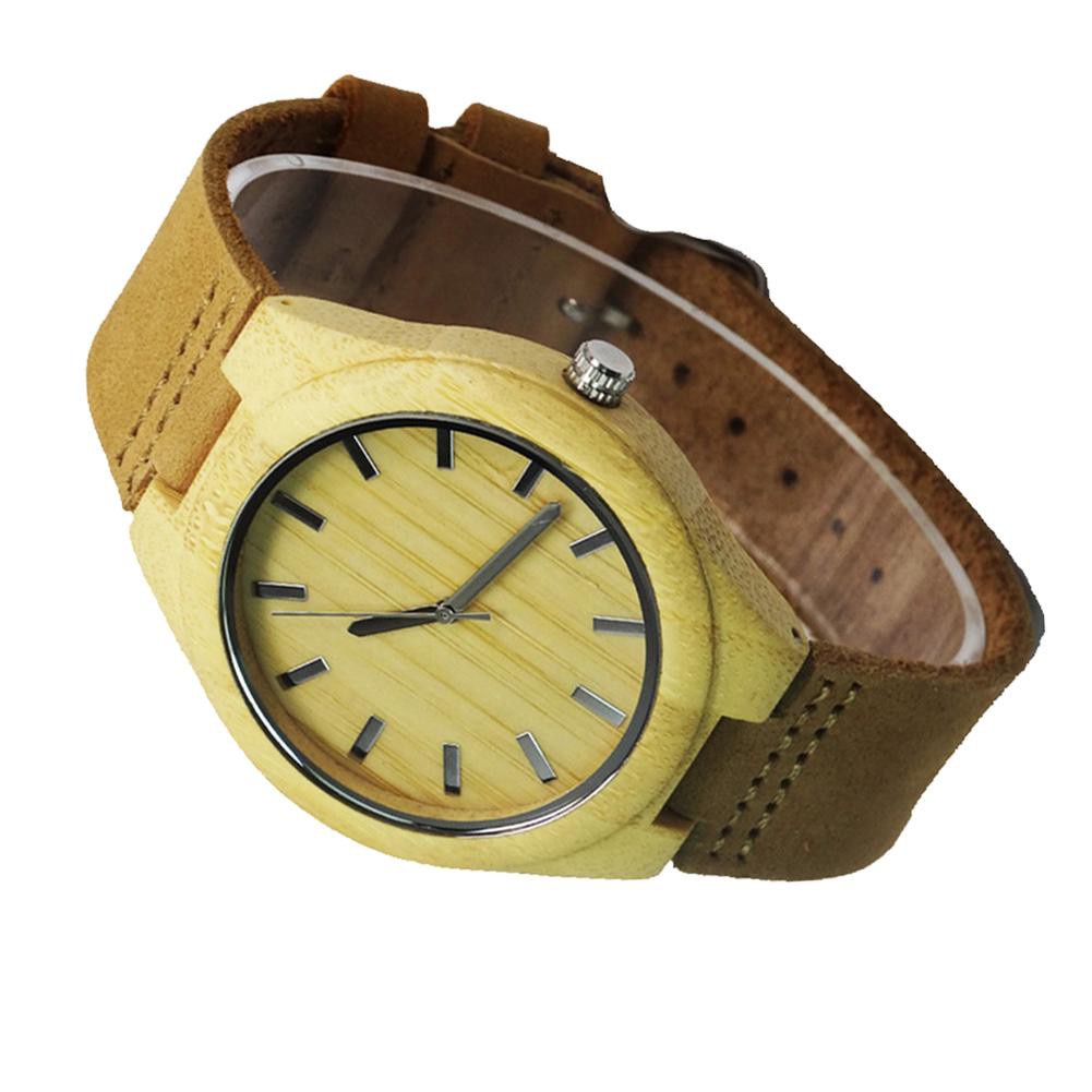 Wristwatch Male Handmade Wooden Quartz Watch Leather Strap Bamboo Wood