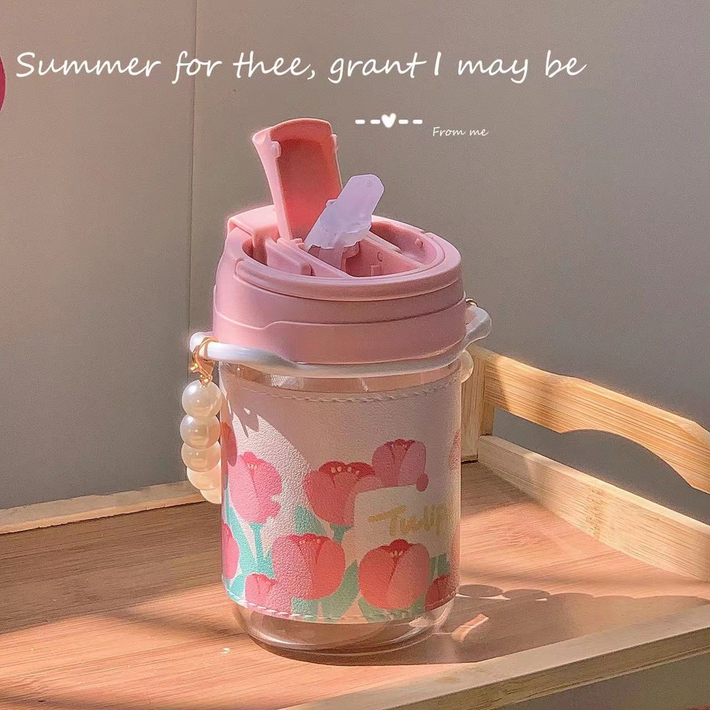 [Dây Ngọc Trai Miễn Phí Dây Buộc] Bình Nước Thủy Tinh Cofee Không BPA Phong Cách Ins Nhỏ Gọn