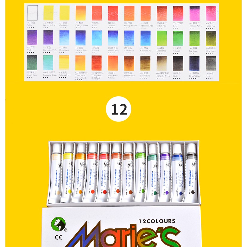 Màu nước dạng tuýp 9ml/12ml Marie's (set 12/18/24/36 màu)