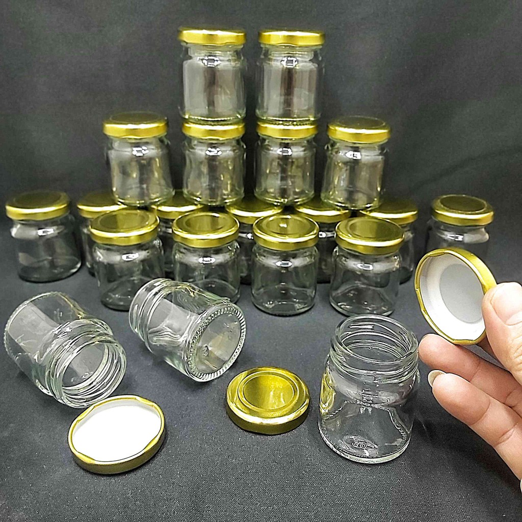 Hũ thủy tinh nhỏ 50ml (combo 24 hũ) mẫu Trụ Tròn nắp thiếc vàng vặn – lọ thủy tinh mini đựng mật ong, sữa ong chúa