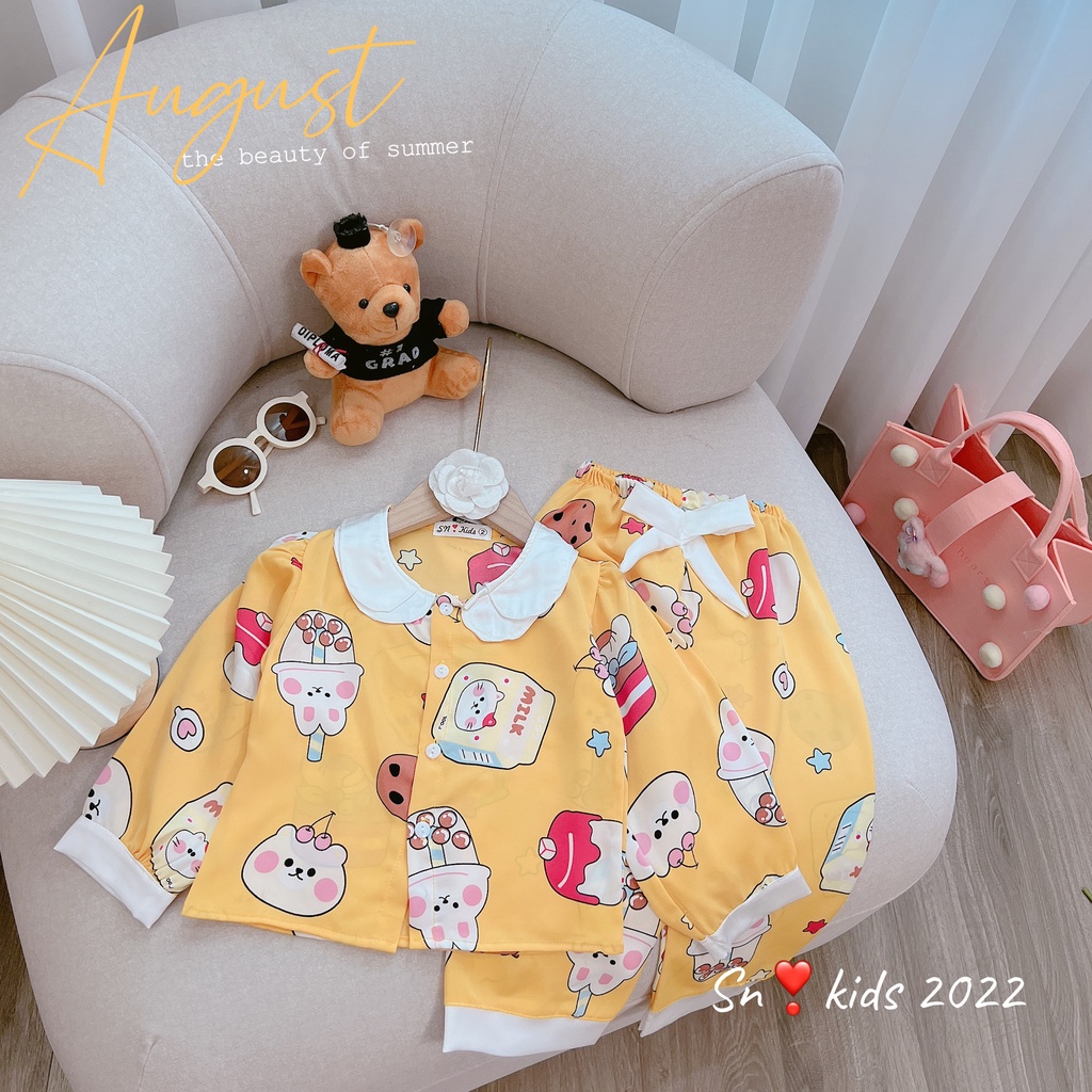 Pijama cho bé, pijama lụa satin cổ 2 tầng bèo nhiều hình dễ thương cho bé gái 20-35kg