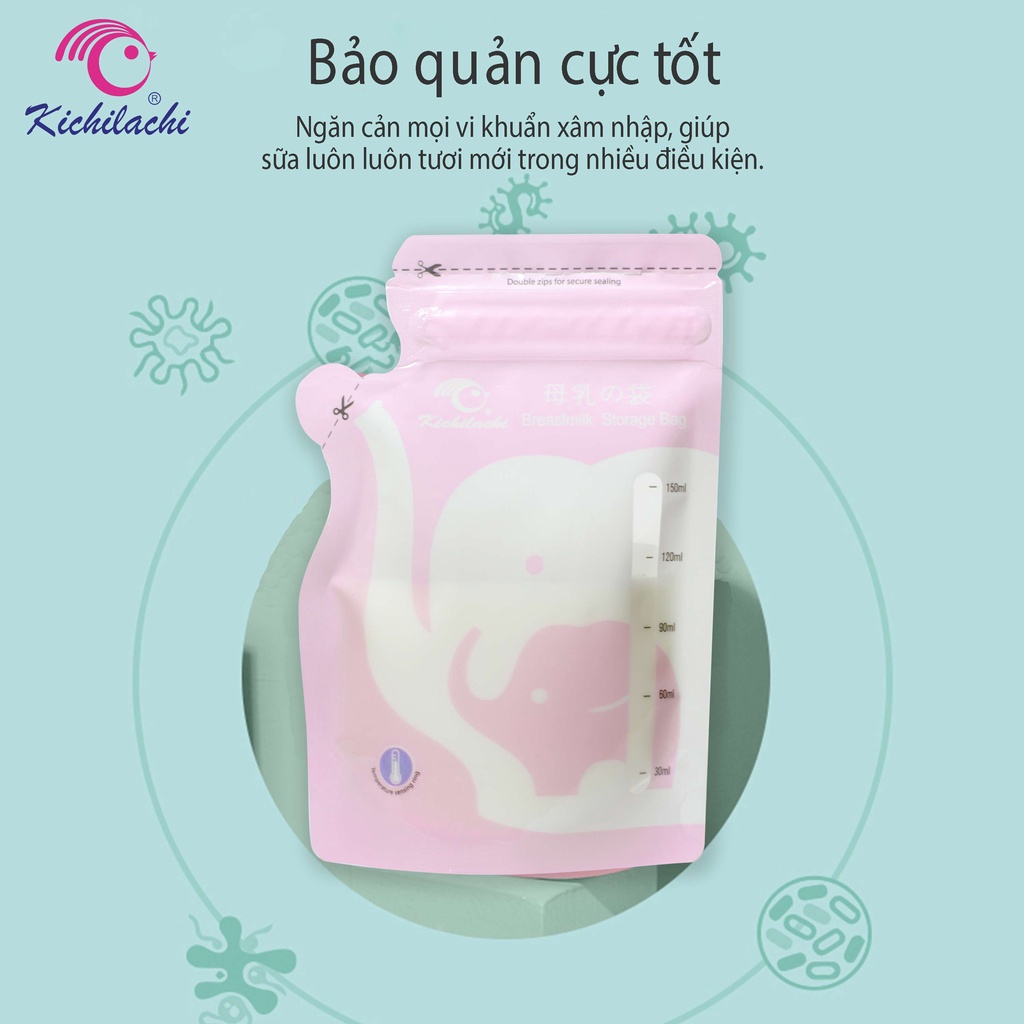 5 Túi / Hộp 30 Túi trữ sữa cảm biến nhiệt 150ml Kichilachi có vòi rót 1 bên tiện lợi, an toàn cho bé - Kichi K30V