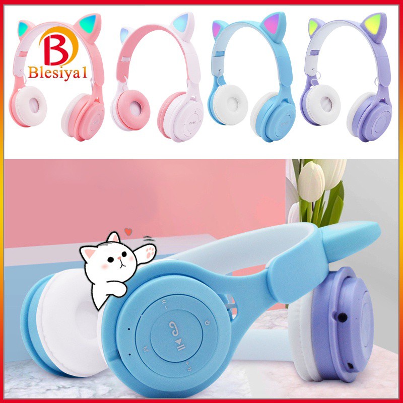 [BLESIYA1] Cat Ear LED Light Up Wireless Foldable Headphones Over Ear with Mic Pink