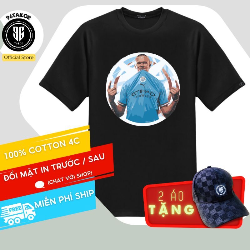 Áo Thun Unisex MAN CITY HAALAND - Form Rộng Oversize Tay Lỡ - Đen -  Cotton 4 Chiều - 96Tailor - mch