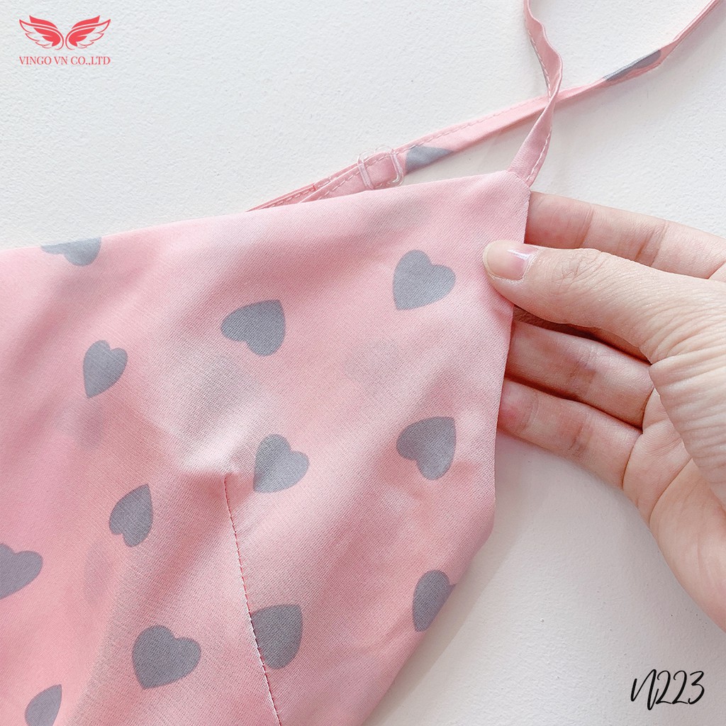 VINGO Váy Ngủ Hai Dây Nữ Lụa Hàn Liền Thân Xẻ Tà Một Bên Họa Tiết Tim Cao Cấp N223 VNGO | BigBuy360 - bigbuy360.vn