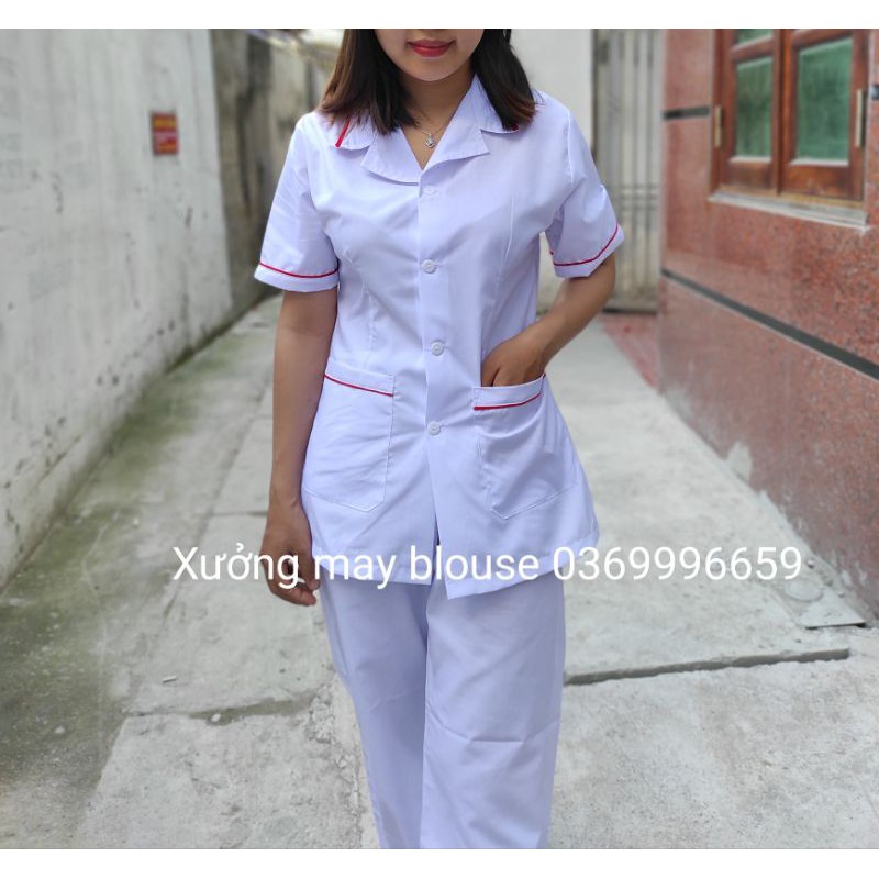 [Áo blu có viền đỏ hàng đẹp] Áo y tá - Áo blouse trắng điều dưỡng cộc tay, dài tay, y tá nam nữ