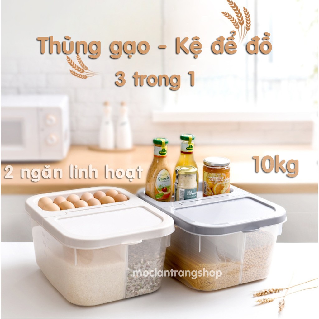 Thùng gạo 2 ngăn linh hoạt kiêm kệ để đồ nhà bếp, thùng gạo 10kg có bánh xe, hộp để ngũ cốc đồ khô chia ngăn