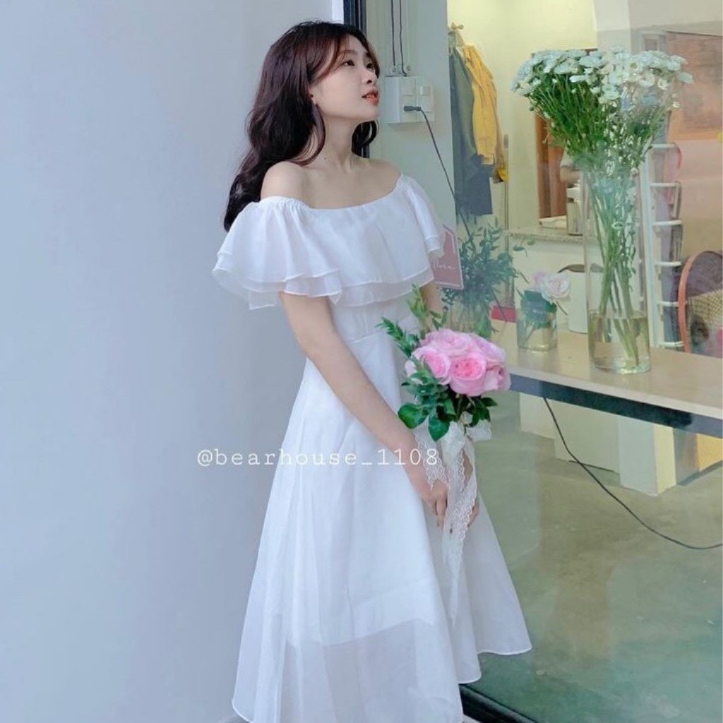 Đầm tiểu thư trễ vai bèo ngực / Đầm trắng dáng xòe vải voan cực xinh
