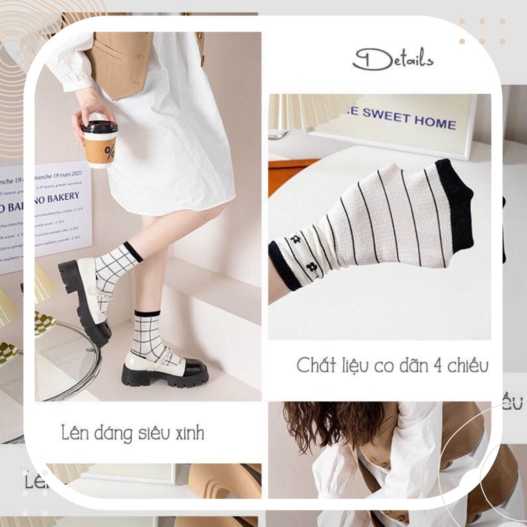 TẤT VỚ CỔ CAO NỮ HỌA TIẾT HOA TRẮNG ĐEN CỔ ĐIỂN