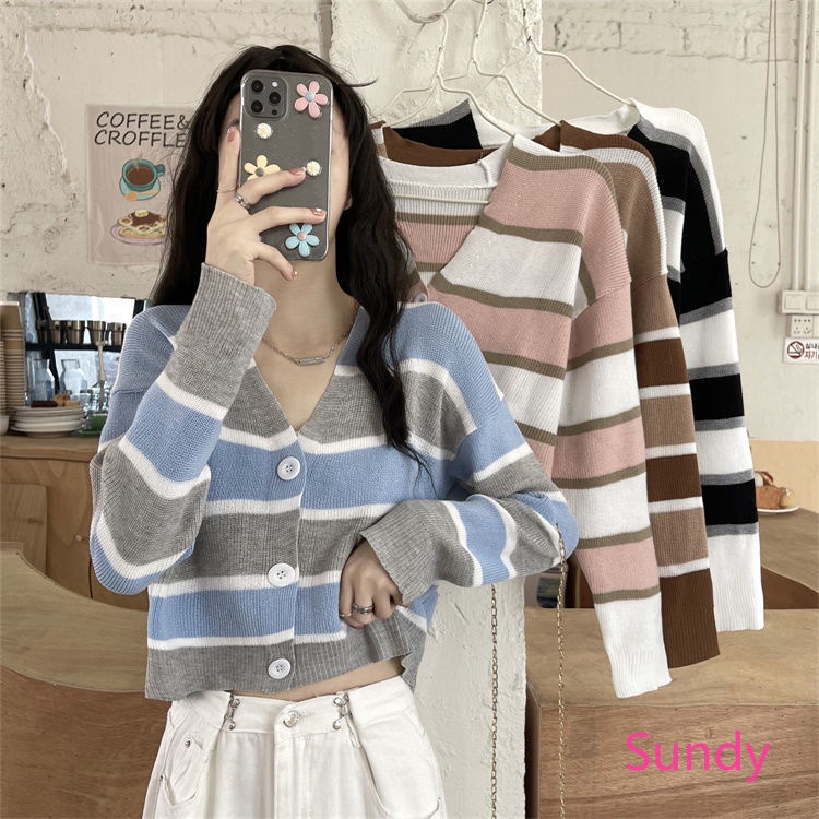 Áo khoác cardigan dệt kim tay dài cổ chữ v kẻ sọc thời trang mùa thu cho nữ