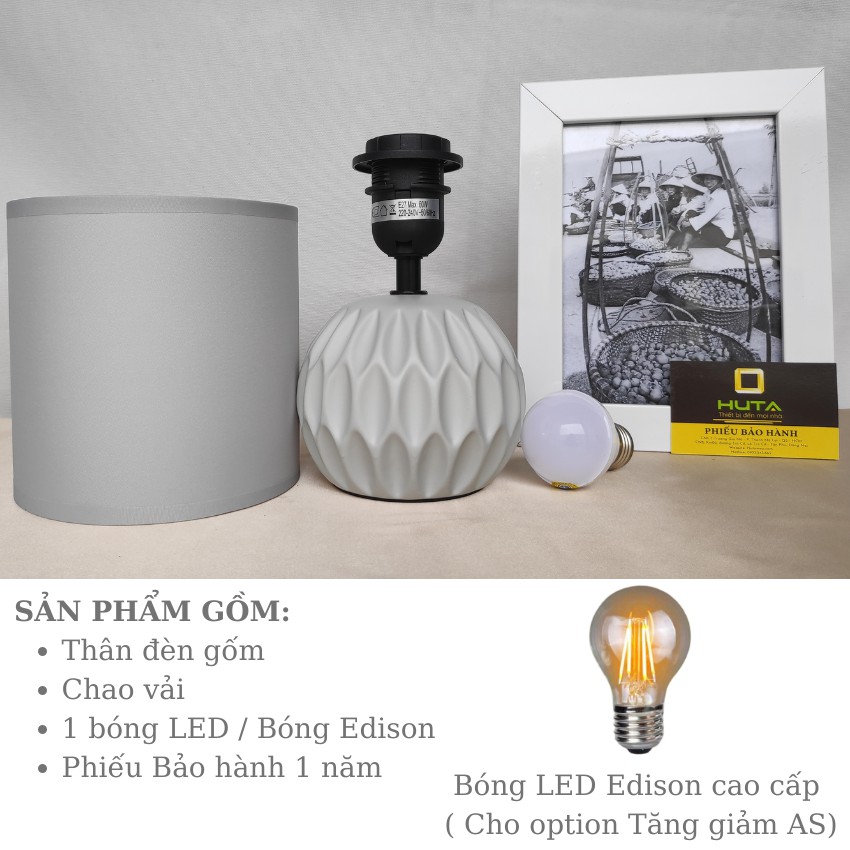 Đèn Ngủ Để Bàn THÂN GỐM SỨ CARO, Chao Vải, Bóng Led E27, dùng trang trí decor, để đầu giường S3 - HUTA