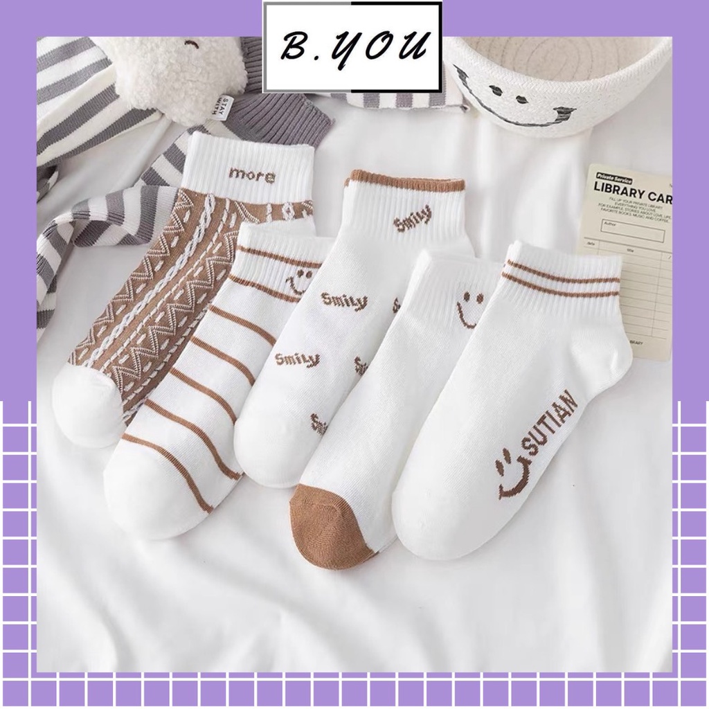 Tất nữ cổ ngắn họa tiết mặt cười smily, phong cách trẻ trung, đơn giản, chất liệu co dãn, thấm hút mồ hôi