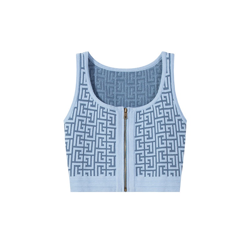 Jacquard zipper sling vest female designer short sleeveless sweater 2022 new U-collar t-shirt