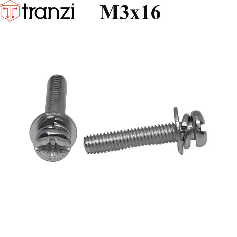 Vít bake kèm long đen phẳng vênh đầu cầu mạ kẽm trắng M3x16 - túi 50 cái