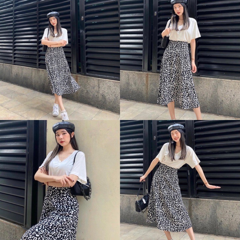 Chân Váy midi B&W SKIRT hoạ tiết trắng đen form chữ A chất vải dày dặn có phối chun co giãn | BigBuy360 - bigbuy360.vn