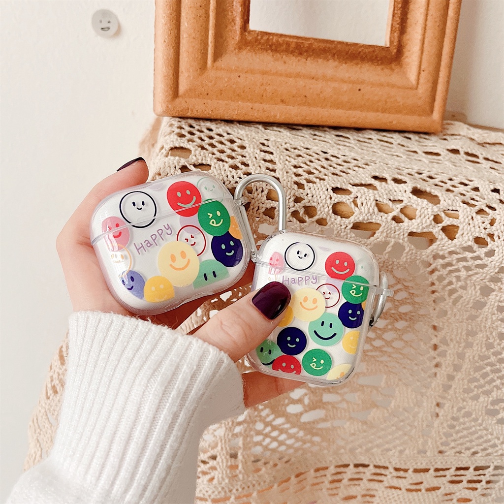 Ốp bảo vệ tai nghe bluetooth không dây TPU trong suốt hình mặt cười đầy màu sắc thích hợp cho Airpods 1 2 3 Pro