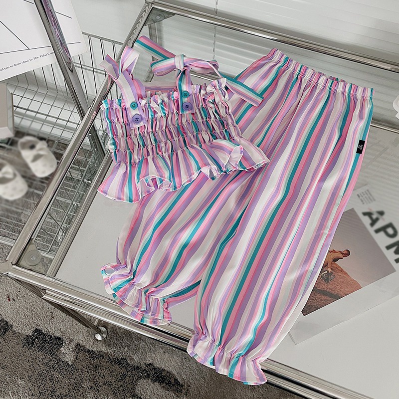 Bộ Áo Sát Nách Kẻ Sọc + Quần Dài Thời Trang Mùa Hè Cho Bé Gái Se7en