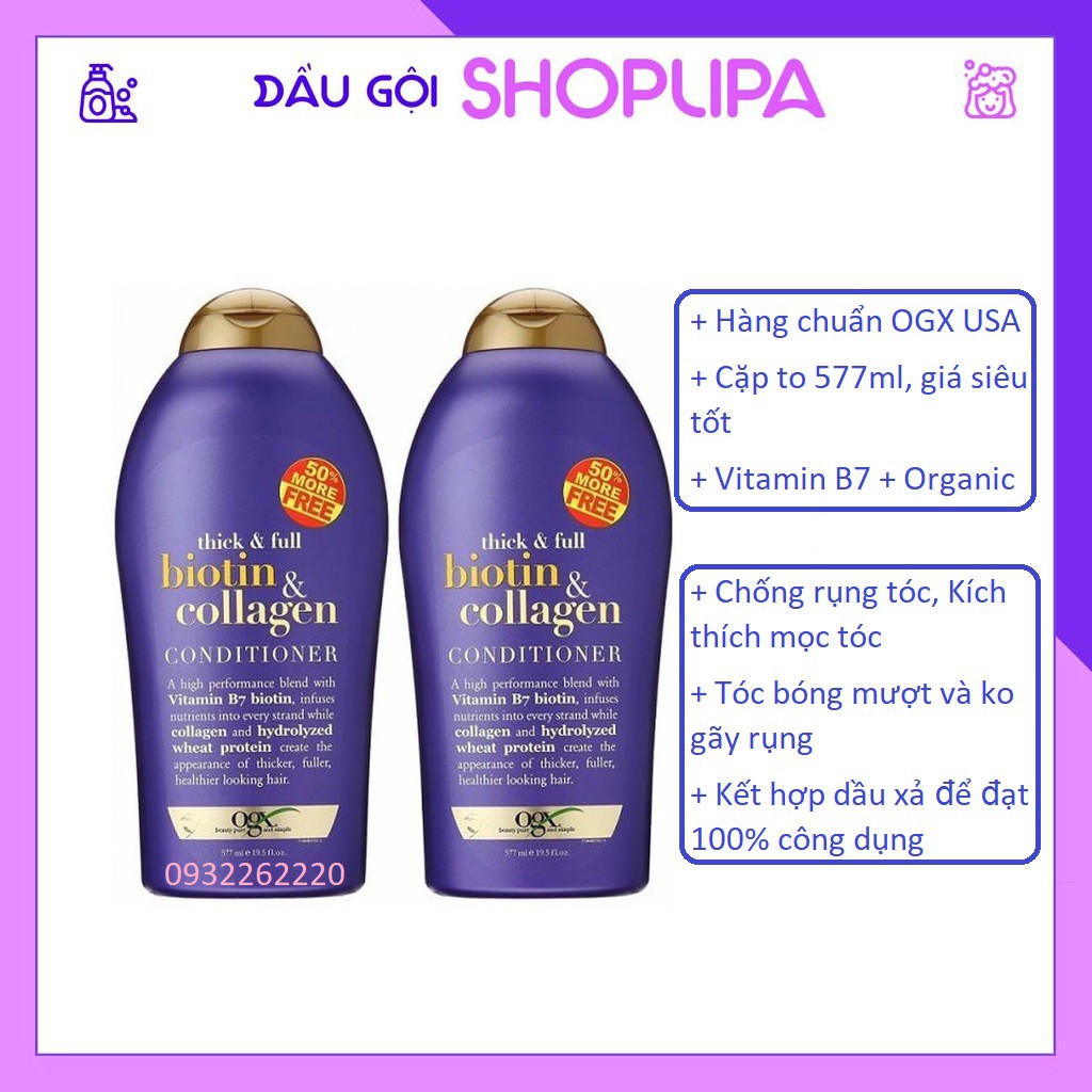 Dầu Gội Xả Biotin Collagen SHOP LIPA Chống Rụng Tóc Và Kích Thích Mọc Tóc Nhanh, Hương Thơm Dịu, 577ml