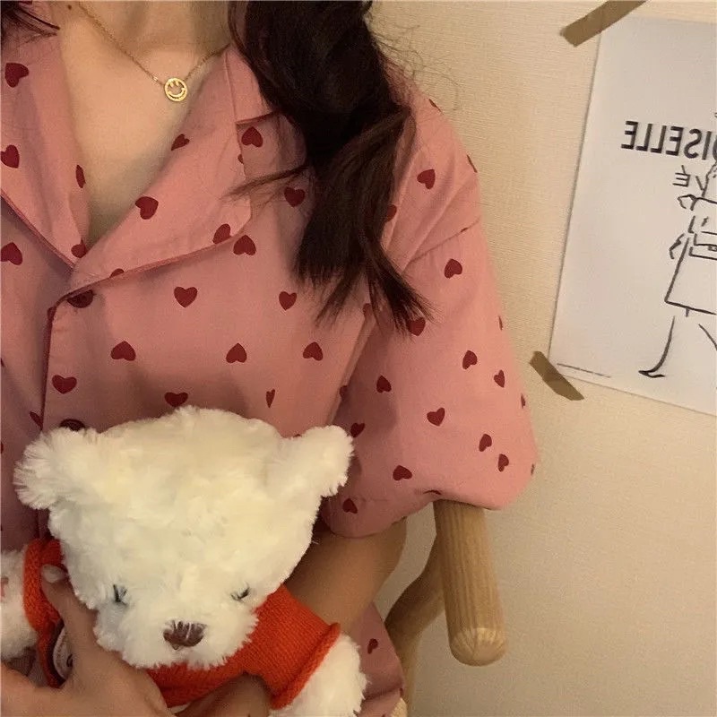 Bộ Đồ Mặc Nhà Pyjama, Quần Áo Ngủ Nữ Hoạ Tiết Trái Tim Hồng Chất Liệu Cotton Hàn Co Dãn Thoải Mái Phong Cách Hàn Quốco