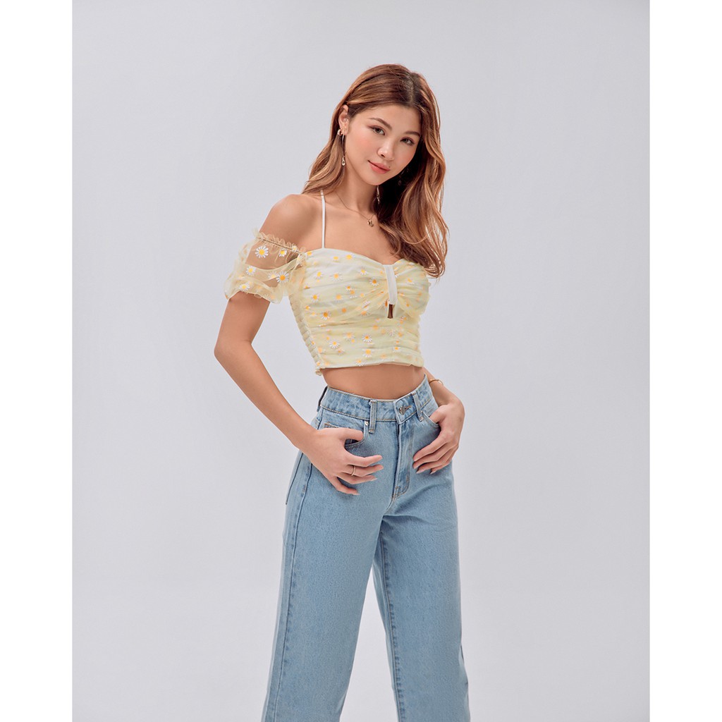 Áo croptop SheByShj màu vàng tay bồng họa tiết hao cúc - Yellow Daisy Top