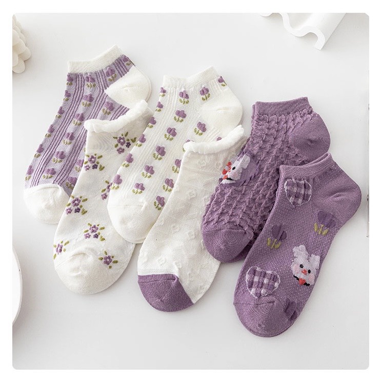 Tất nữ cổ thấp họa tiết vintage màu tím chất liệu cotton thoáng khí - T01
