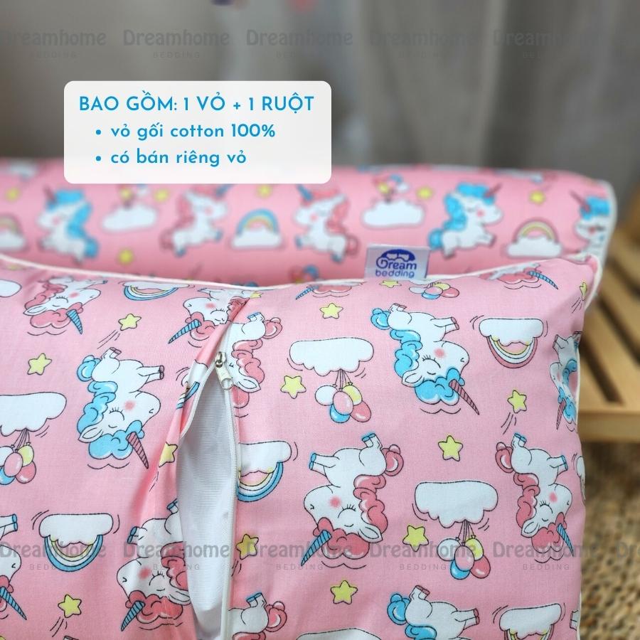 Gối trẻ em 30x50 DREAMHOME, vỏ gối cho bé cotton 100% thấm hút mồ hôi tốt, khóa kéo chỉnh độ cao gối, nằm được 2 mặt