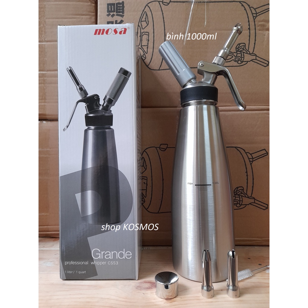 Bình xịt kem tươi vòi inox hãng Mosa 500ml - 1000ml (tặng kèm công thức làm đá xay khi mua hàng)