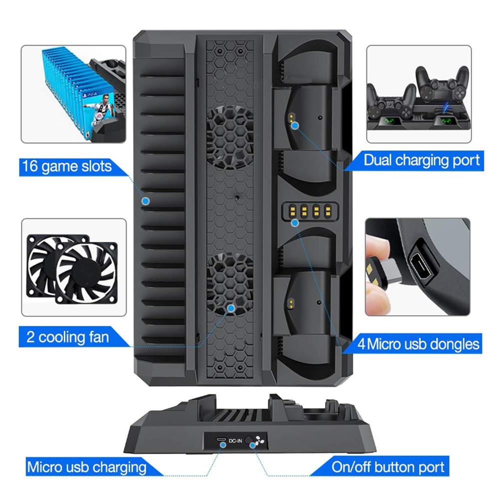 PS4 Slim Pro Dọc đứng 2 Bộ điều khiển Đế sạc Đế làm mát Quạt làm mát Trò chơi Giá đỡ đĩa