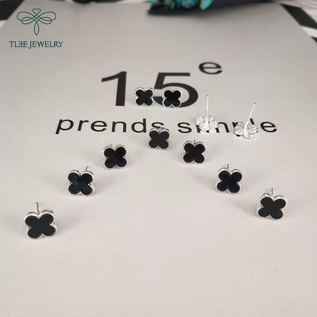 Khuyên tai bạc TLEE cỏ bốn lá đá đen cao cấp TleeJewelry B0195