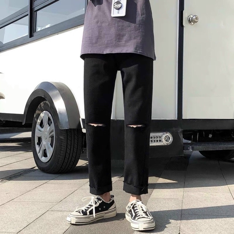 QUẦN BAGGY JEANS RÁCH GỐI BASIC( kèm ảnh thật chụp tại shop )