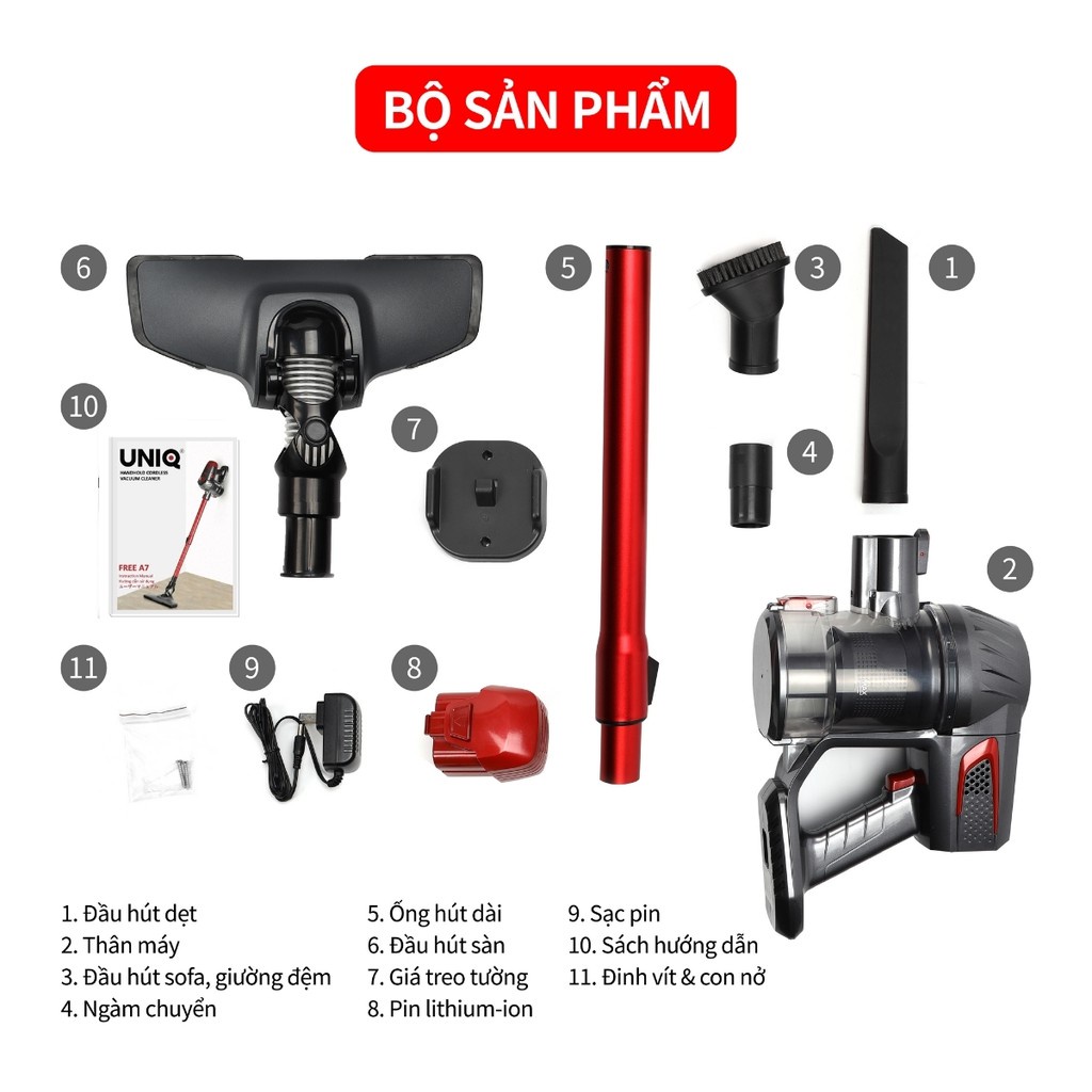 Máy hút bụi cầm tay không dây UNIQ Free A7 đa năng gia đình mini Công Suất 130W - Lực hút 9000 Pa - Hàng Chính Hãng