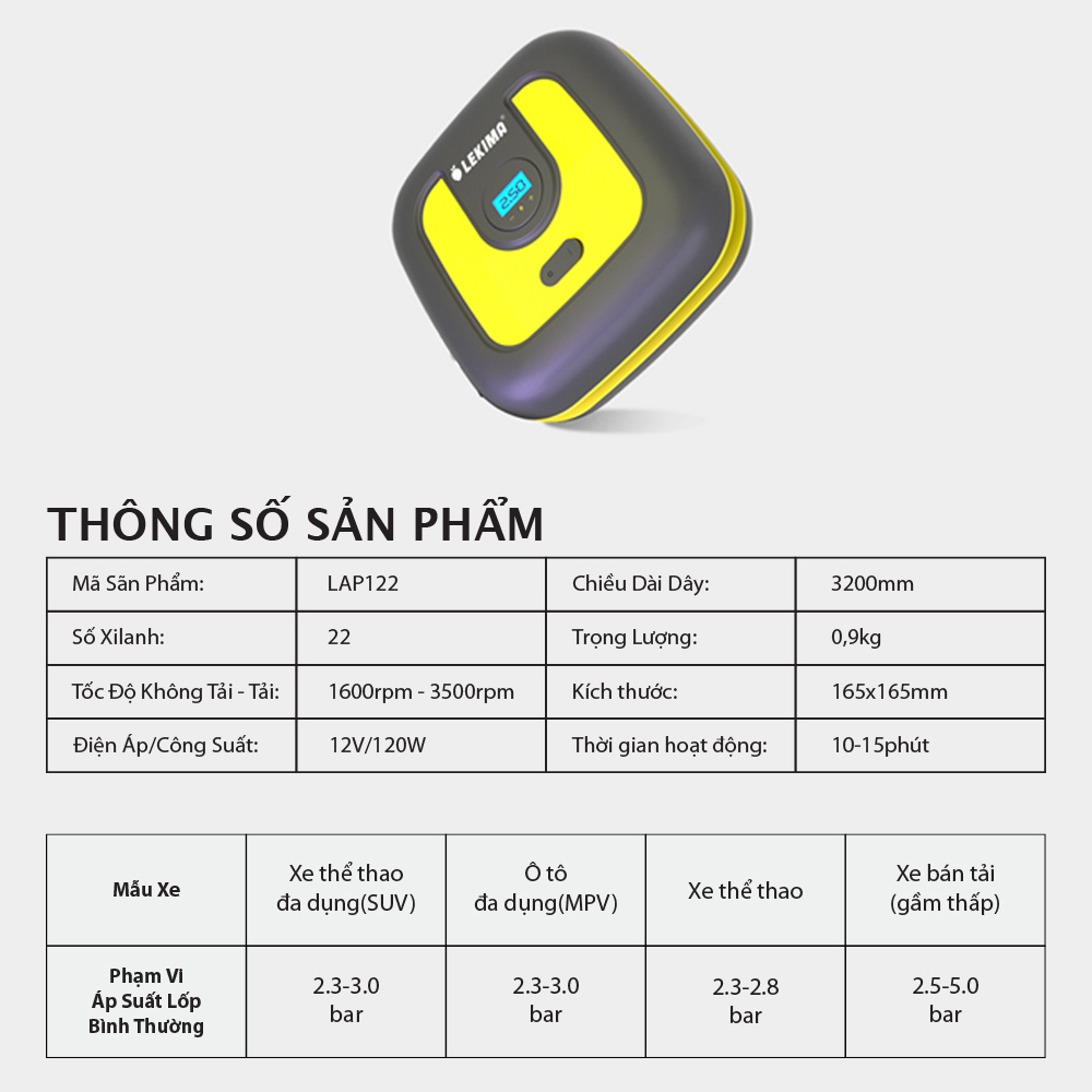 Bơm lốp ô tô LEKIMA cao cấp, màn hình điện tử và cơ, dùng bơm xe ô tô tự ngắt, có đèn Led chiếu sáng, nguồn tẩu 12V