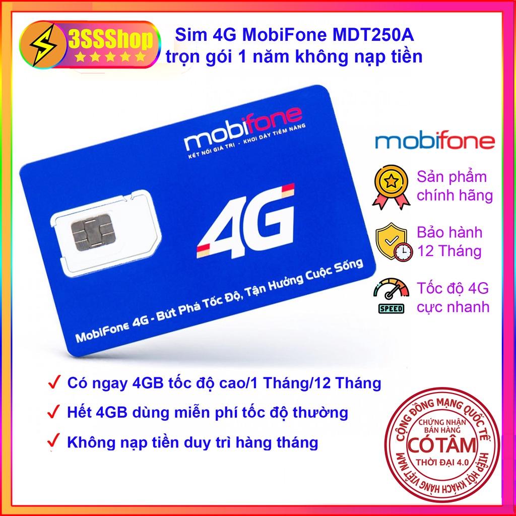 Sim 4G MobiFone MDT250A có 4GB 1tháng trọn gói 1 năm không cần nạp tiền
