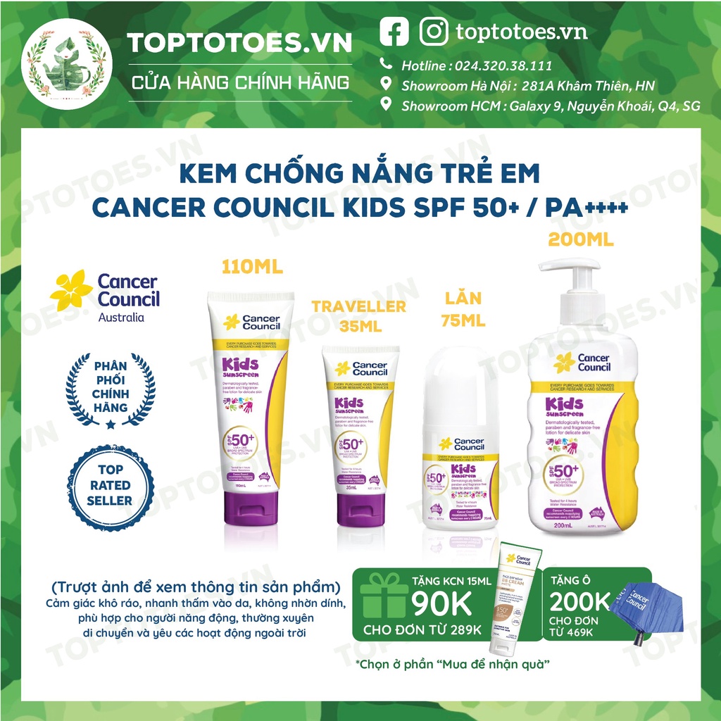 Kem chống nắng Trẻ em Cancer Council Kids SPF 50+/ PA ++++