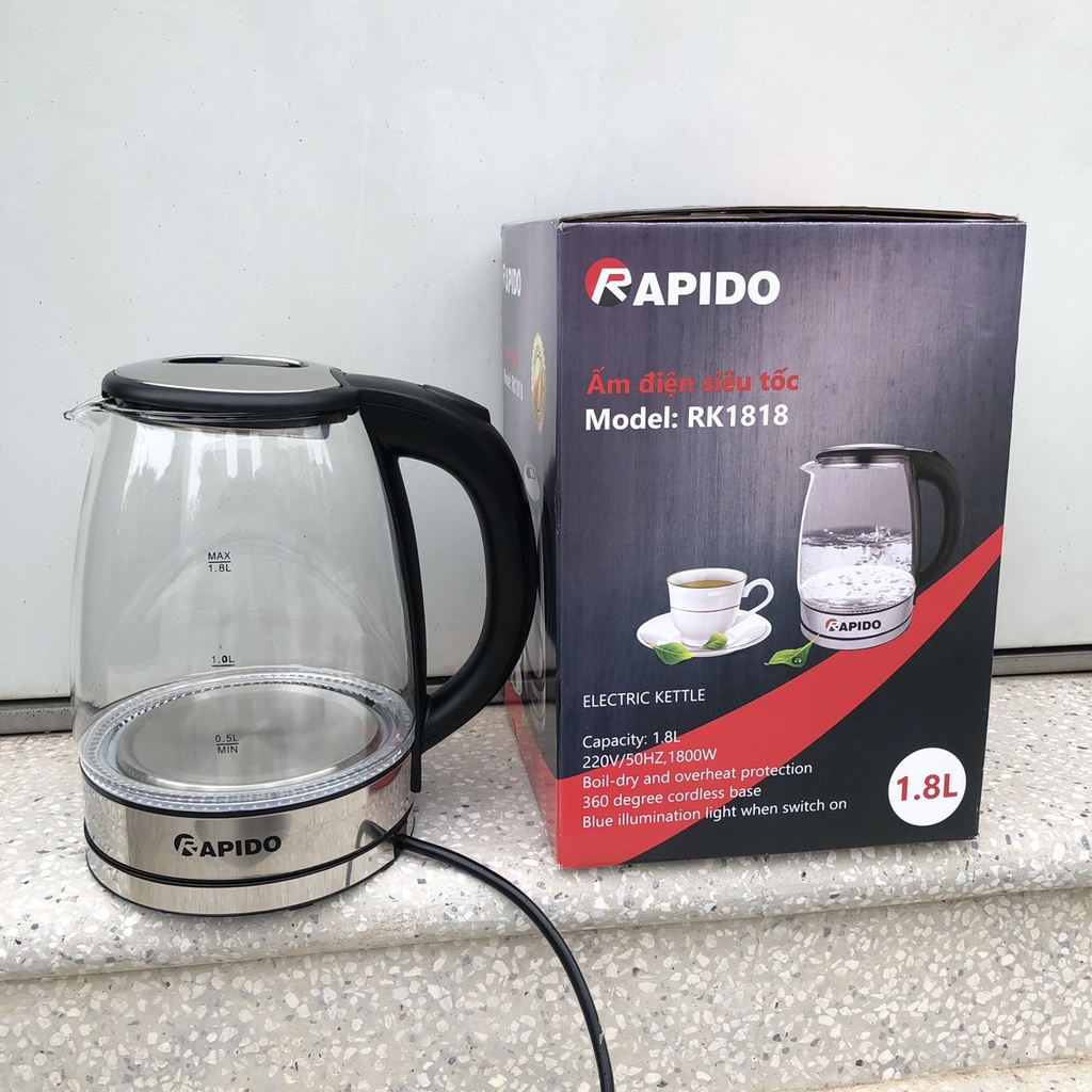 Ấm nước ⭐ Bình Đun Siêu Tốc Rapido RK1818, 1.8L ⭐ An Toàn, Chịu Va Đập Cao ⭐ Bảo hành 12 tháng