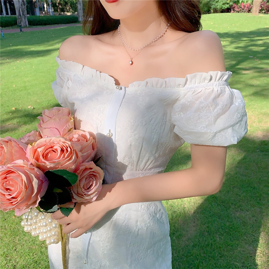Váy trắng trễ vai 2 lớp hàng Quảng Châu cao cấp mẫu mới nhất 2021 - V116
