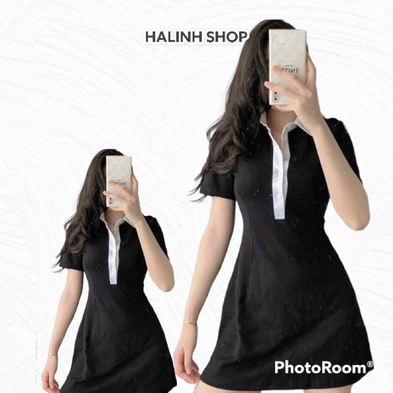 Váy đầm polo phối cổ trắng, váy đen phối cổ sơ mi học sinh, có cúc ngực cực đẹp - BY HẠLINH SHOP