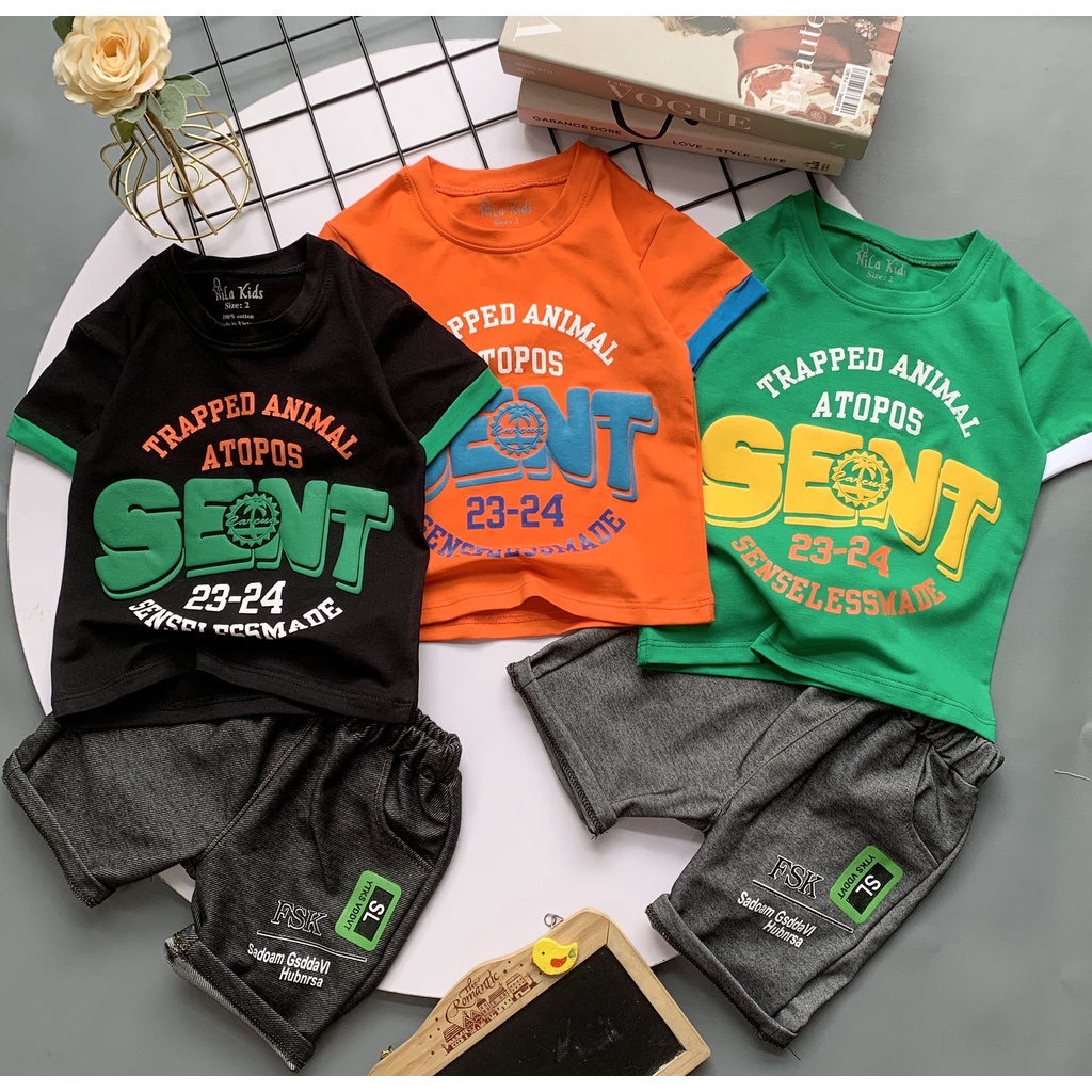 Set đồ bộ bé trai Áo thun cotton in chữ SENT quần thun giả jean cho bé trai từ 8-24 kg