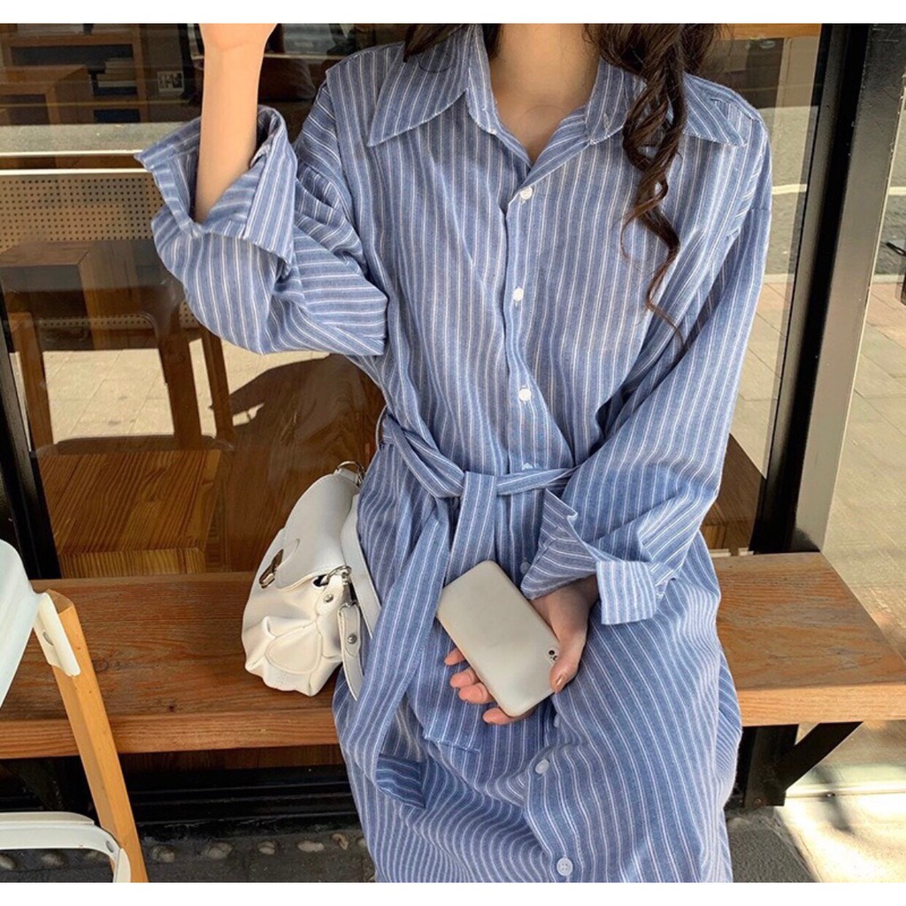 [Ảnh thật] Đầm - Váy sơ mi kẻ sọc dài tay kèm đai ulzzang
