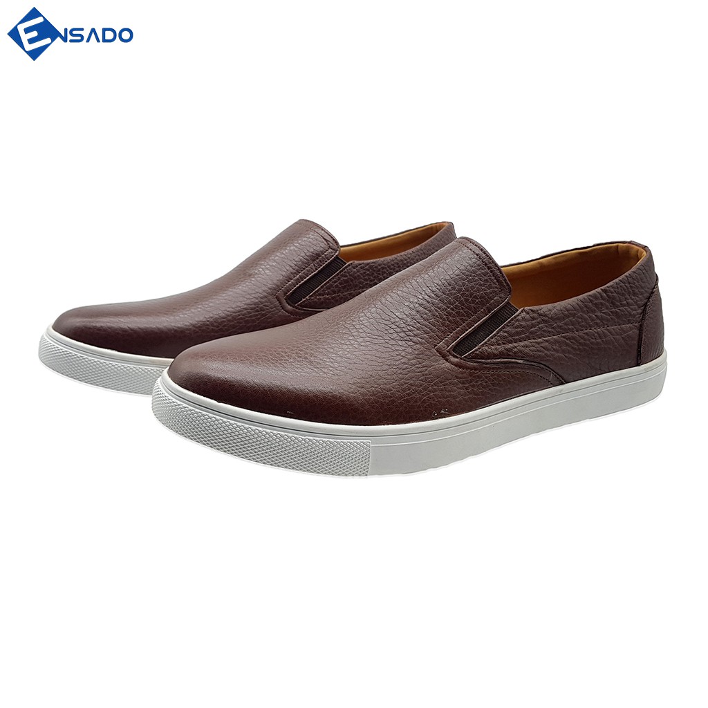 Giày Slip On Nam Sneaker Nam Da Bò Tấm Cao Cấp, Đẹp Mềm Êm Ensado SL1316 (Nâu)