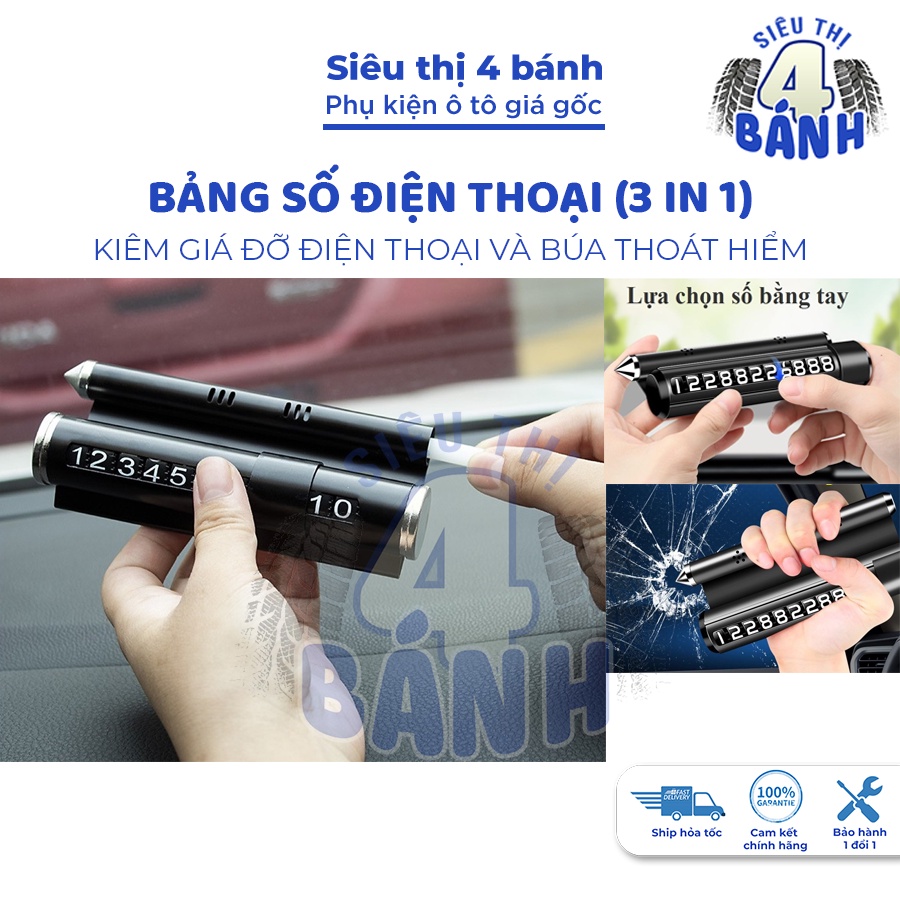 Bảng số điện thoại ô tô 3 in 1, bảng ghi số điện thoại để taplo ô tô kiêm giá đỡ điện thoại và búa thoát hiểm ô tô