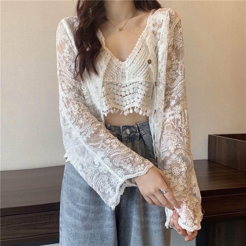 Set áo khoác IELGY dài tay ren mỏng và áo hai dây thời trang cho nữ