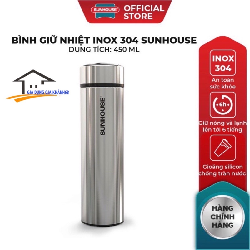 Bình giữ nhiệt Inox 304 Sunhouse 450ml KS-TU450I -HÀNG CHÍNH HÃNG