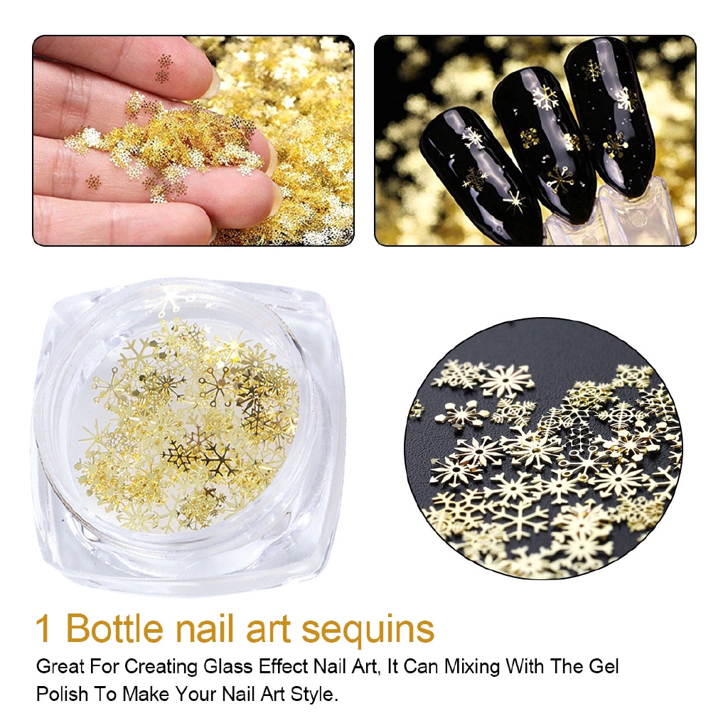 1 Bottle Hollow Out Gold Nail Glitter Sequins Snowflakes Mixed Design Decorations