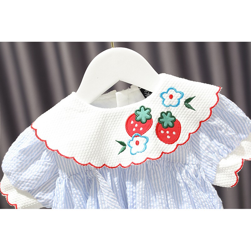 Set đầm dâu dâu tây kẻ sọc xanh + quần đùi bo chun cho bé gái từ 9-17kg [GS8]